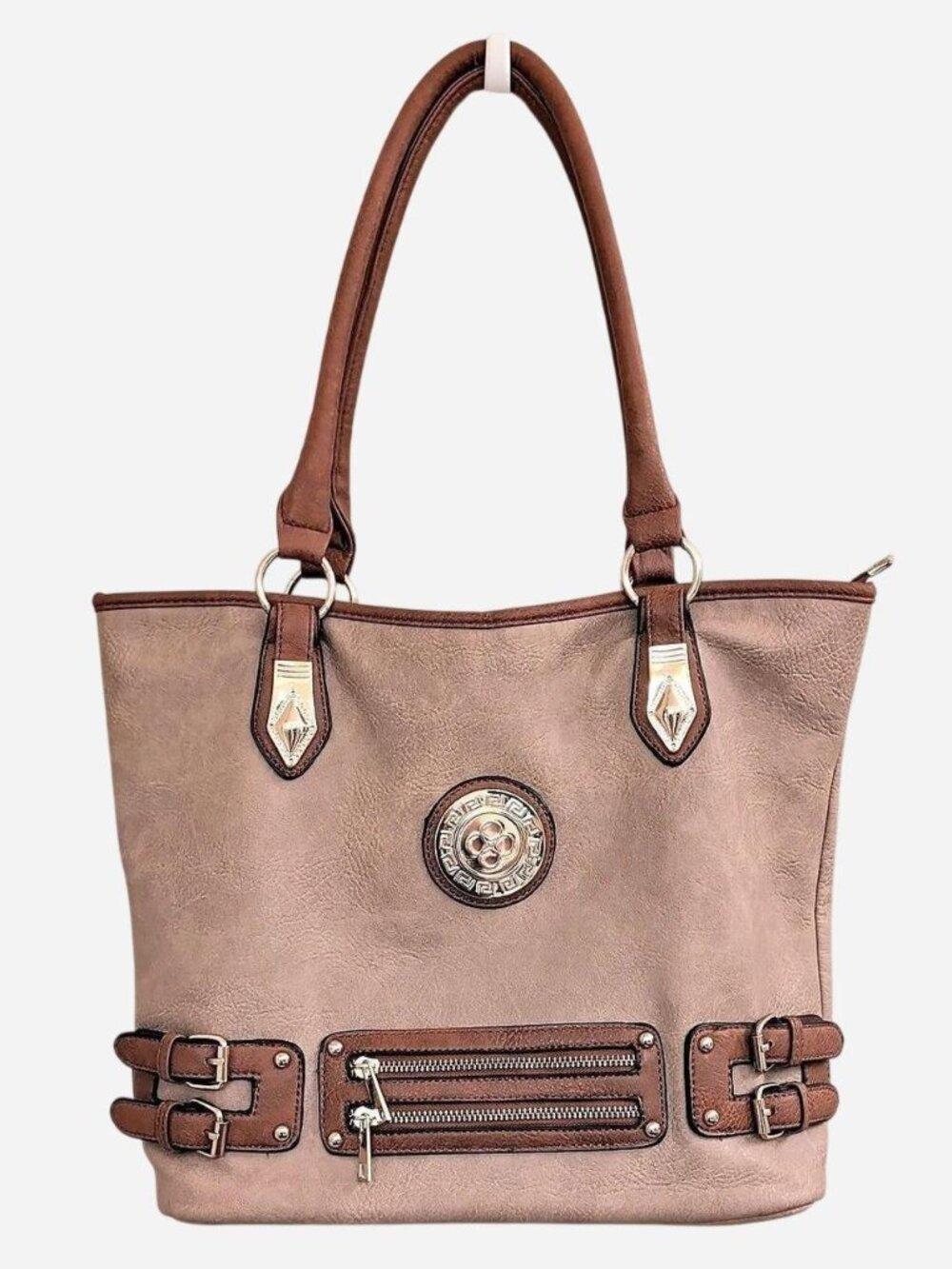Faux Leather Satchel Tote Bag Beige Brown Trim Gold Tone Hardware